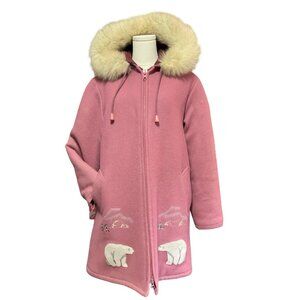 Vintage Rose Wool Coat w/ Polar Bear & Inuit Motif Embroidery